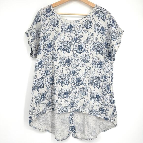 Terzo Millennio Women's Floral 100% Linen Blouse Tunic Top Button Back High‎ Low - Picture 1 of 9